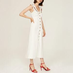 Rixo Nova White Embroidered Cotton Button Front Midi Dress US 4